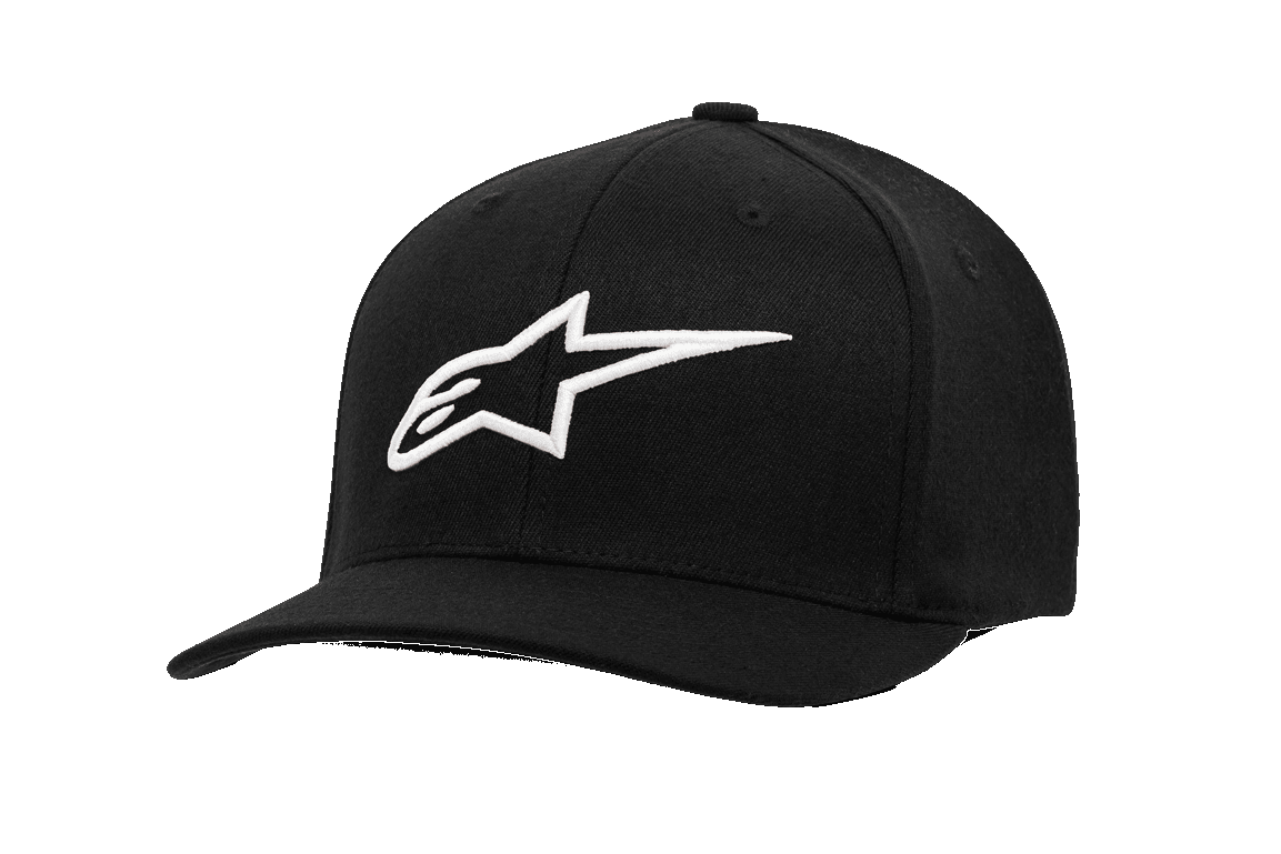 Alpinestars Ageless Curve Hat, czarna czapka z daszkiem typu baseball, białe haftowane logo 3D w kształcie gwiazdy, zakrzywiony daszek, usztywniona korona, tkanina twill, codzienna odzież sportowa motorsport
