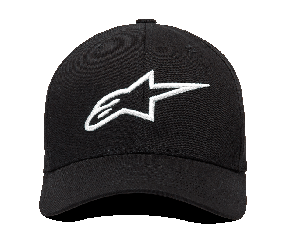 Czapka Alpinestars Ageless Curve, widok z przodu, czarna tkanina twill z trójwymiarowym haftowanym białym logo Alpinestars, czapka z daszkiem z zakrzywionym rondem, sportowy styl casual