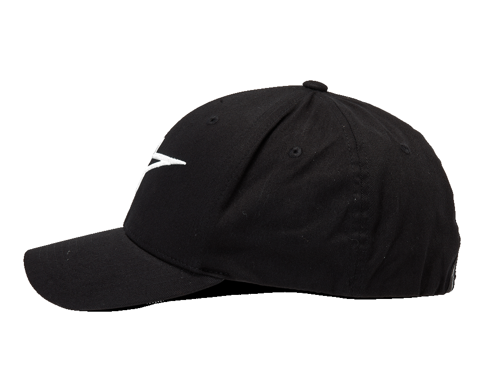 Alpinestars Ageless Curve Hat, czarna czapka z zakrzywionym daszkiem, białe haftowane logo 3D, widok z profilu, tkanina twill, sportowy styl casual