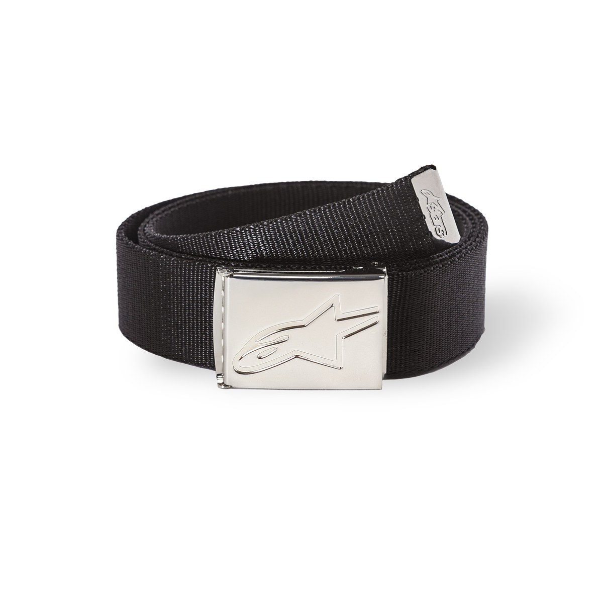 Alpinestars Ageless Web Belt, czarny pasek z tkaniny ze srebrną chromowaną metalową klamrą, wytłoczone logo gwiazdy, teksturowana taśma, metalowe zakończenie z logo marki, codzienny dodatek sportowy