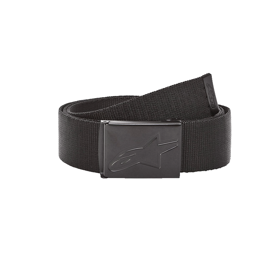 Alpinestars Ageless Web Belt, czarny tkany pasek parciany, metalowa klamra zaciskowa z wytłoczonym logo gwiazdy, metalowa końcówka z logo, wytrzymały sportowy dodatek do codziennego użytku