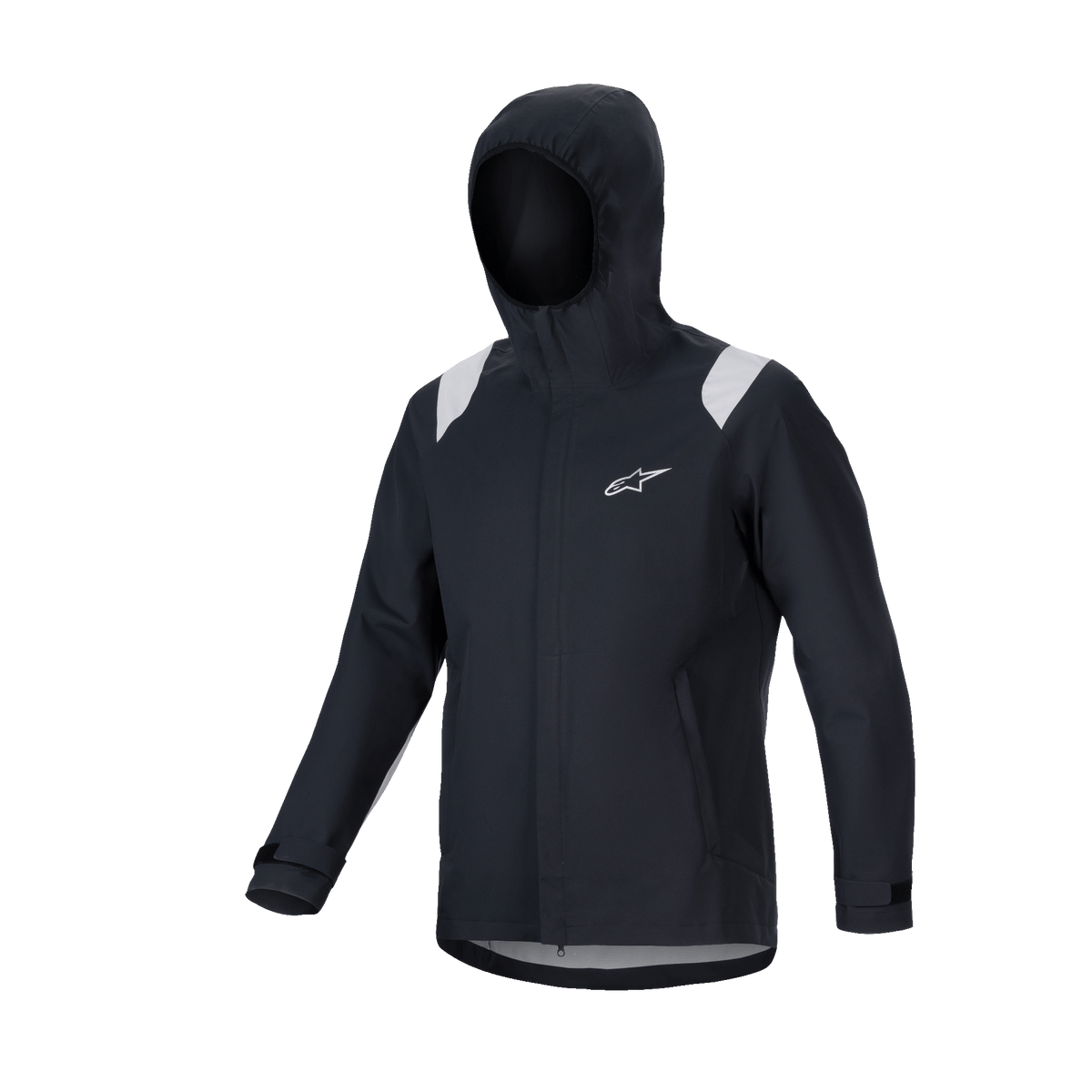 Alpinestars A-Dura Rain Jacket, MTB Rain Jacket, Black with grey shoulder panels, white Astars logo on chest, hooded waterproof design with 2.5-layer membrane, functional technical gear for off-road cycling