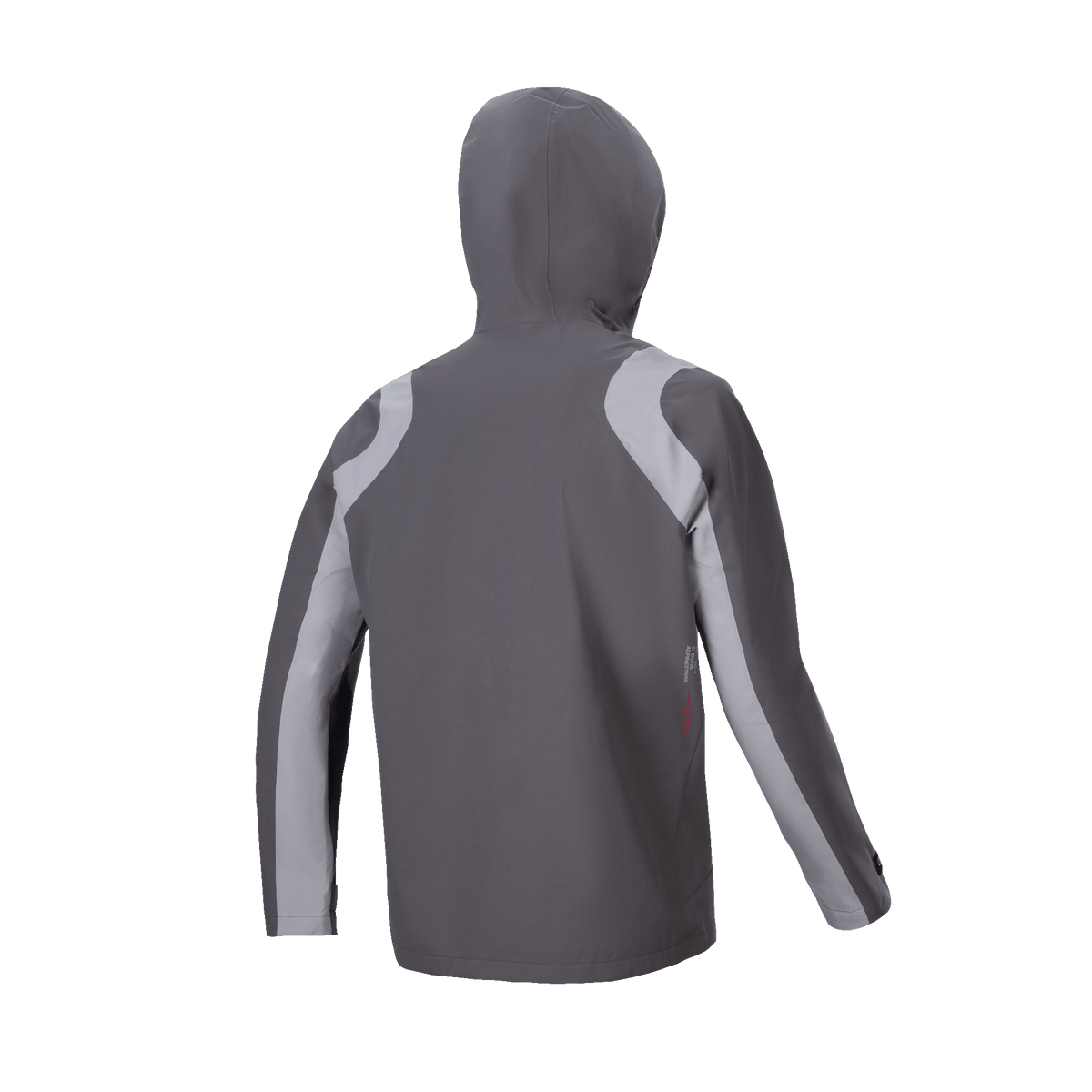 Alpinestars A-Dura Rain Jacket, kurtka przeciwdeszczowa MTB, ciemnotytanowa i szara, widok z tyłu z założonym kapturem, jasnoszare zakrzywione panele na ramionach i rękawach, techniczny design do jazdy na rowerze w deszczowe dni