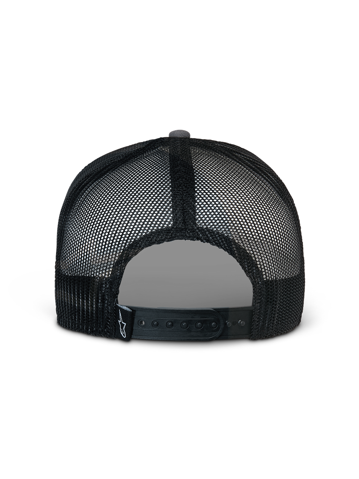 Alpinestars Corp Trucker Hat, Gray and Black, back view featuring black mesh panels and an adjustable snapback closure, small white star logo on a black rear tag, casual sportswear headwear