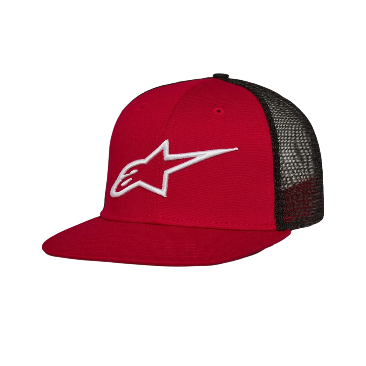 Alpinestars Corp Trucker Hat, czerwono-czarna czapka typu trucker z płaskim daszkiem, białe haftowane logo 3D, czerwony przód z twillu i czarne panele z siateczki z tyłu