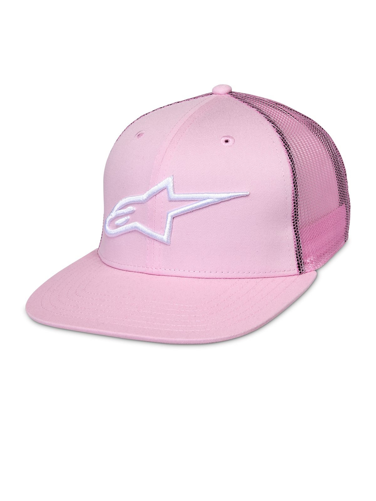 Alpinestars Corp Trucker Cap, różowa czapka typu snapback z białym logo gwiazdy, siateczkowe panele z tyłu, usztywniona sześciopanelowa konstrukcja z otworami wentylacyjnymi