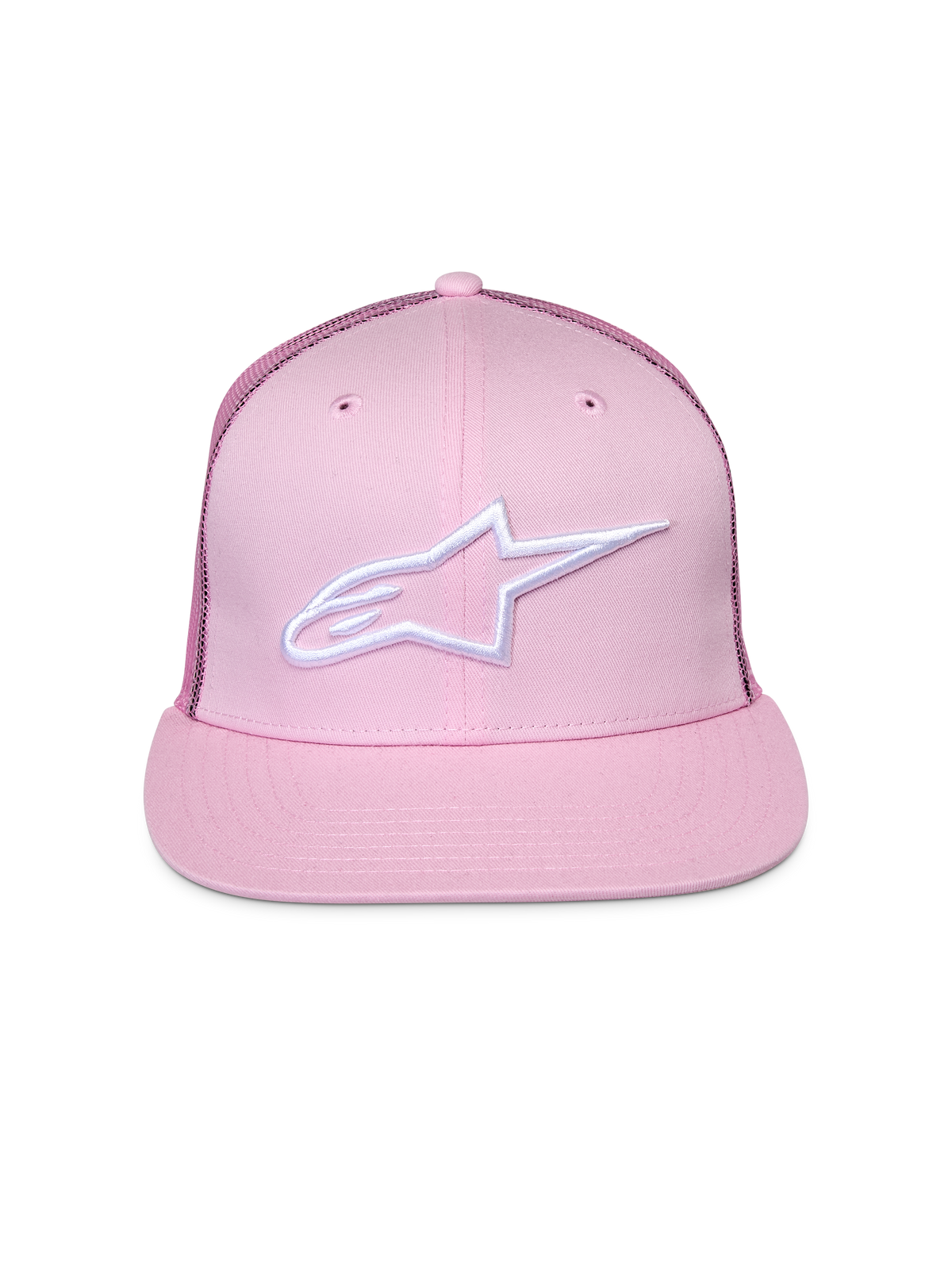 Alpinestars Corp Trucker Hat, różowa czapka z daszkiem, białe haftowane logo z przodu, płaski daszek i usztywniona korona, tylne panele z siatki, codzienne nakrycie głowy w stylu motorsportowym
