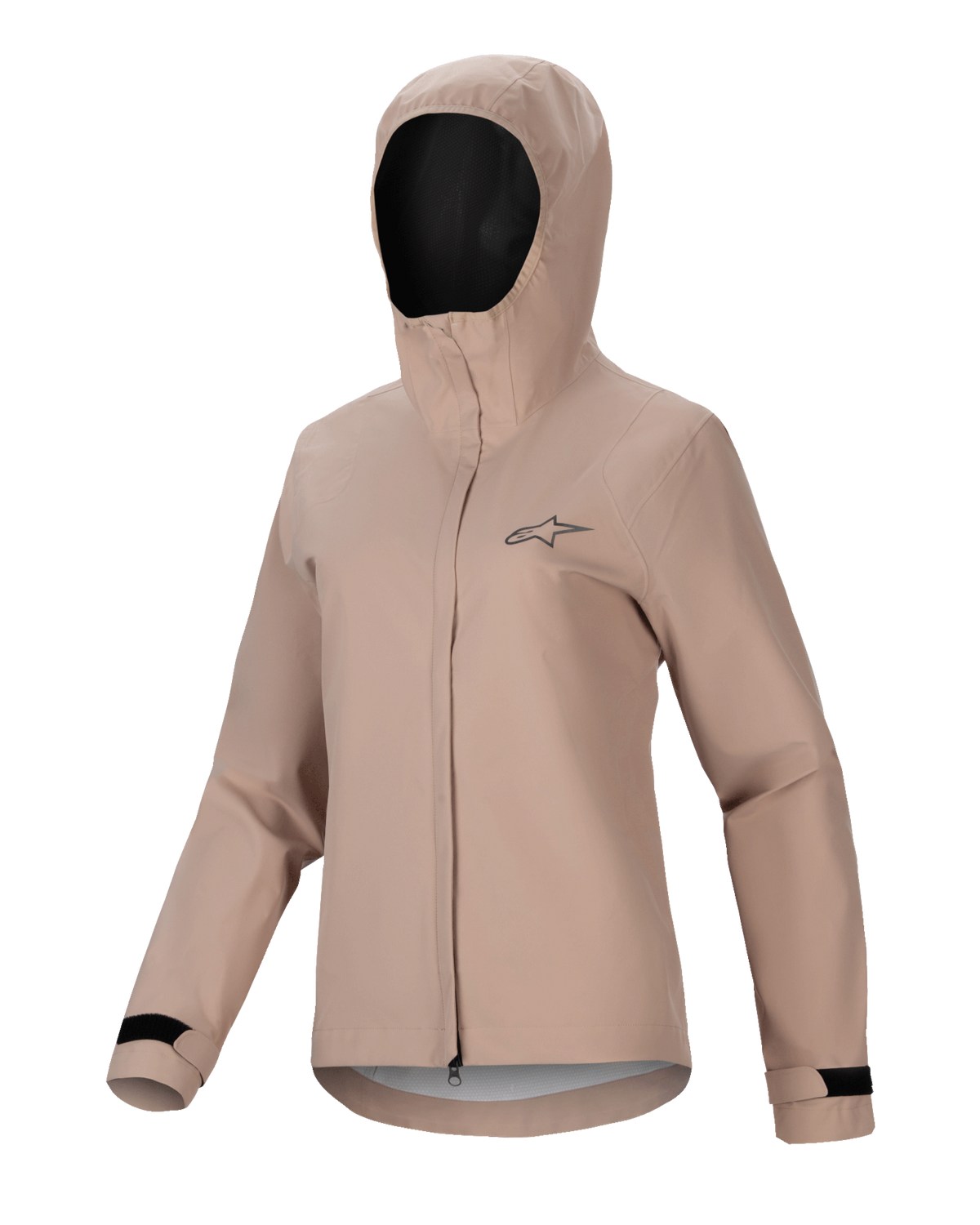 Alpinestars Stella A-Dura Rain Jacket, Women's Cycling Rain Jacket, Light Brown, hooded design with front zipper and storm flap, black adjustable Velcro cuffs, featuring a small chest logo, waterproof and breathable performance material for MTB riding