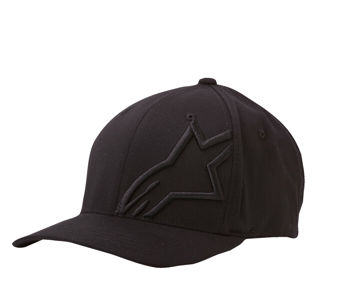 Alpinestars Corp Shift 2 Curved Bill Hat, czarna czapka z daszkiem, płaski haft w kolorze materiału na przednim lewym panelu, zakrzywiony daszek, sześciopanelowa konstrukcja z otworami wentylacyjnymi, casualowy styl inspirowany sportami motorowymi