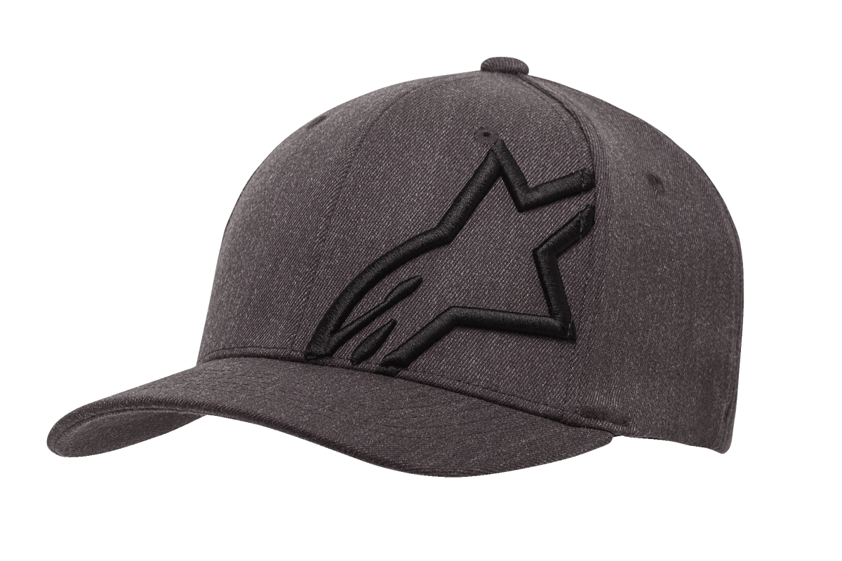 Alpinestars Corp Shift 2 Curved Bill Hat, czapka z daszkiem, ciemnoszary melanż i czerń, duże czarne haftowane logo gwiazdy na lewym przednim panelu, zakrzywiony daszek, teksturowana tkanina z otworami wentylacyjnymi, codzienne nakrycie głowy inspirowane motorsportem