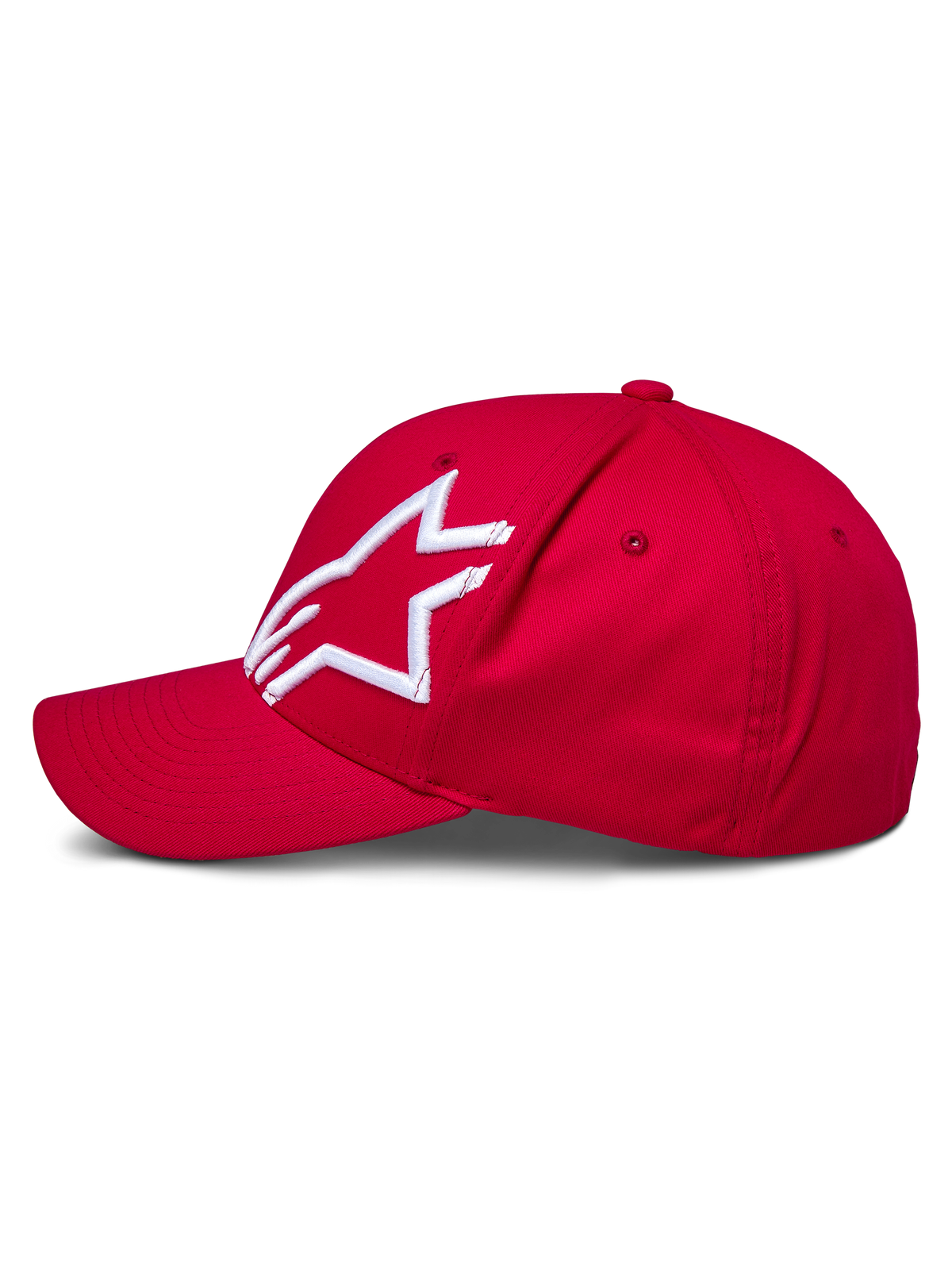 Alpinestars Corp Shift 2 Curved Brim Hat, Red, featuring a white 3D embroidered Alpinestars logo on the left panel, side view, structured crown with curved bill, casual motorsport-inspired headwear