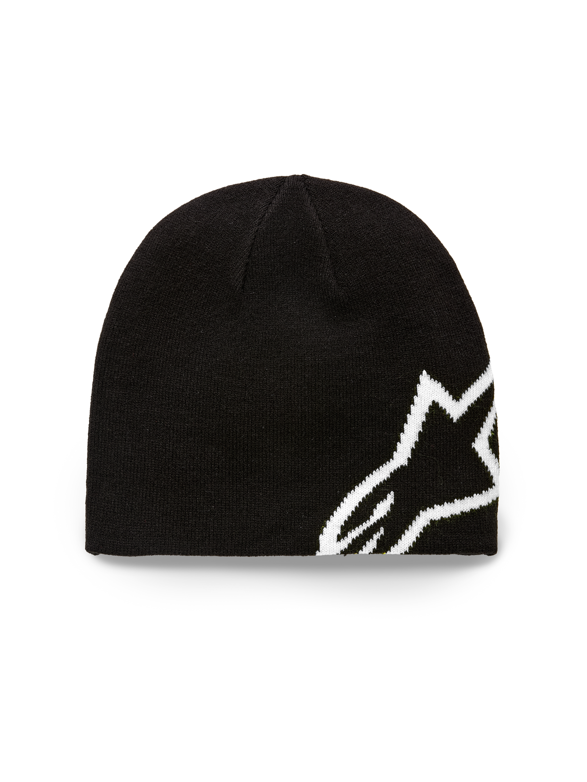 Alpinestars Corp Shift Beanie, czarna czapka typu beanie, duże białe żakardowe logo Alpinestars, dzianina o splocie koszulkowym, codzienne nakrycie głowy inspirowane sportami motorowymi