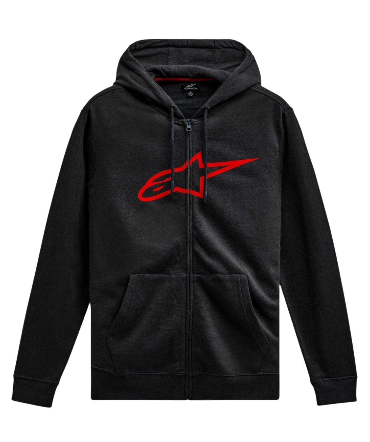 Alpinestars Ageless Zip V3 Hoodie, czarna bluza z kapturem rozpinana, casualowa odzież w stylu motorsport, czerwone logo Astars, zamek na całej długości, kaptur ze sznurkiem, długie rękawy, ściągacze przy mankietach i na dole
