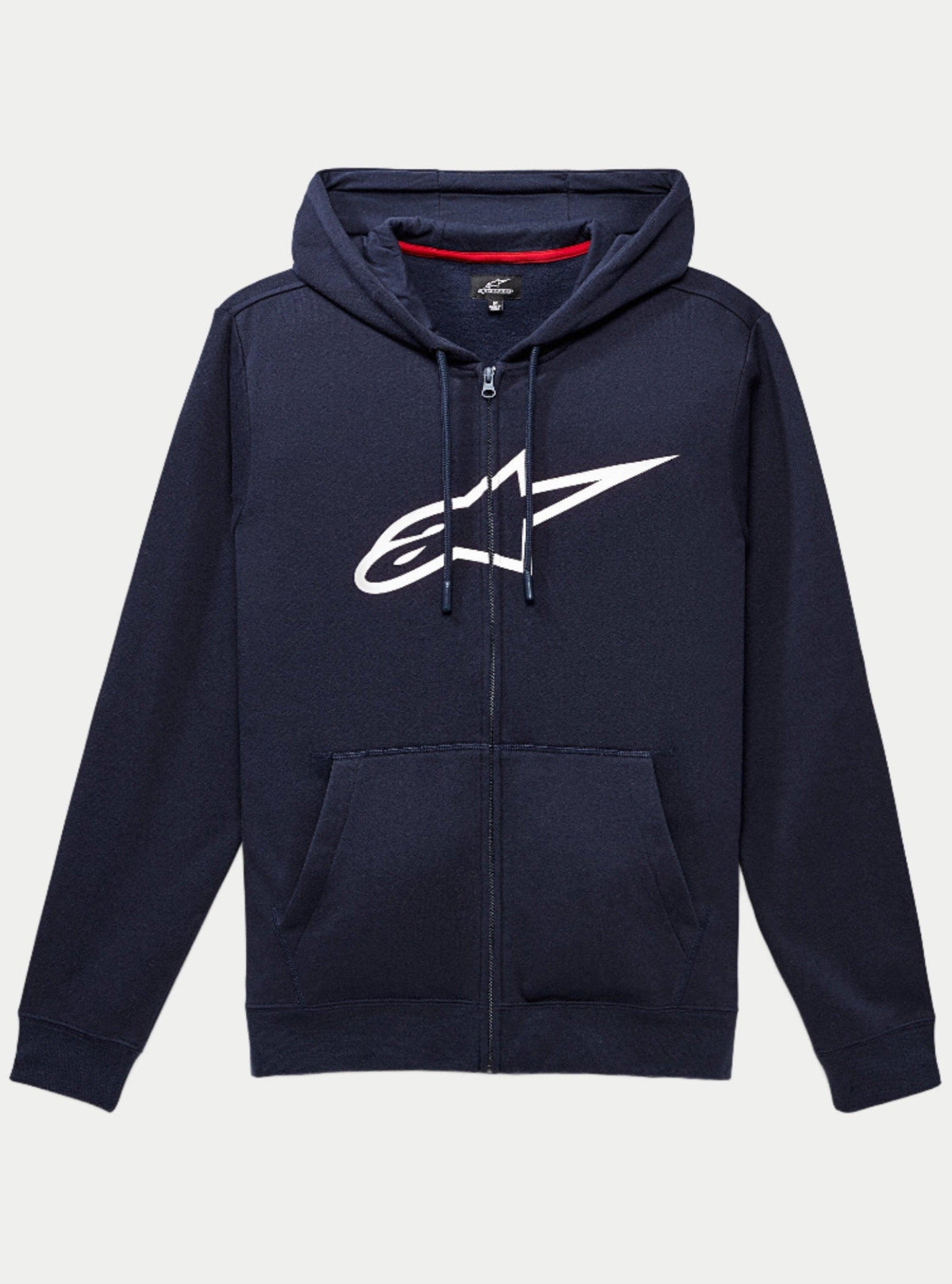 Bluza z kapturem Alpinestars Ageless Zip V3, granatowa rozpinana bluza z polaru z dużym białym logo Alpinestars na piersi, kaptur ze sznurkiem, przednie kieszenie, codzienna odzież uliczna inspirowana motorsportem