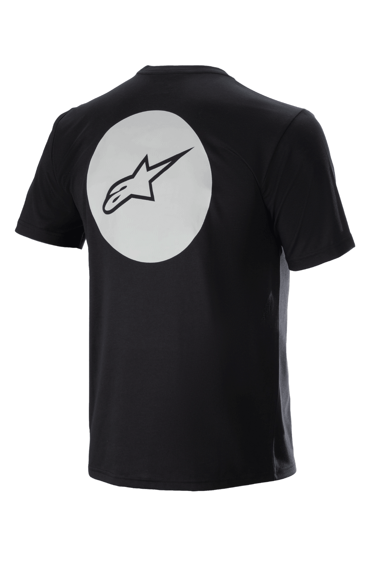 Alpinestars Dot Tech Tee, koszulka rowerowa z krótkim rękawem, czarna, widok z tyłu z dużym białym kołem i czarnym logo A-star, odprowadzająca wilgoć tkanina DriRelease do kolarstwa górskiego