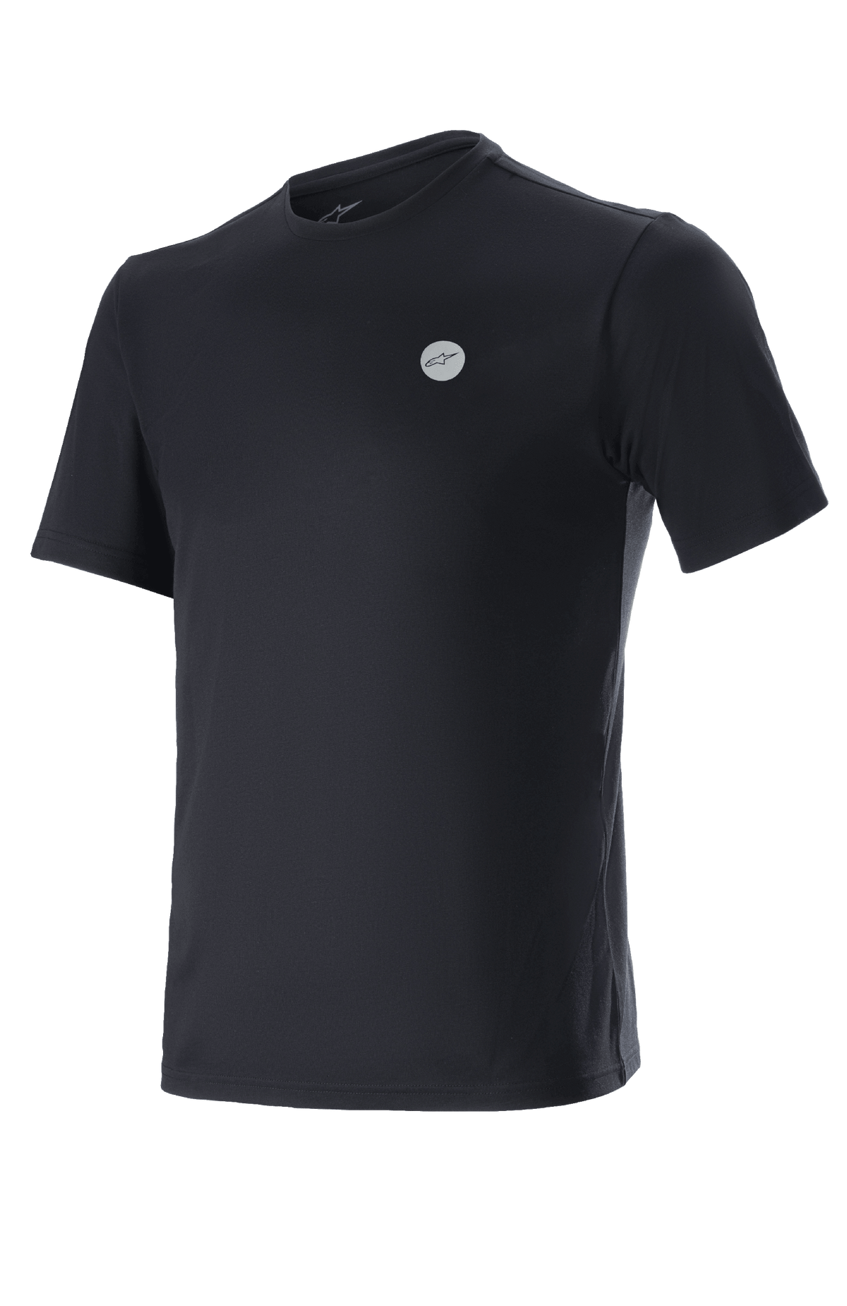 Alpinestars Dot Tech Tee, czarna koszulka z krótkim rękawem, małe okrągłe logo z gwiazdą Alpinestars na piersi, techniczna odzież MTB
