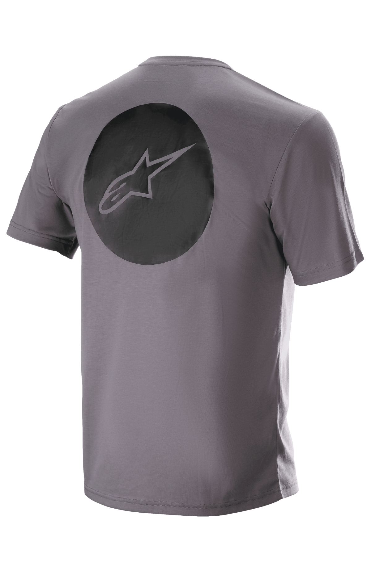 Alpinestars Dot Tech Tee, koszulka z krótkim rękawem, szary Sparrow Gray, widok z tyłu z dużą czarną okrągłą grafiką z logo gwiazdy Alpinestars, techniczna odzież MTB odprowadzająca wilgoć