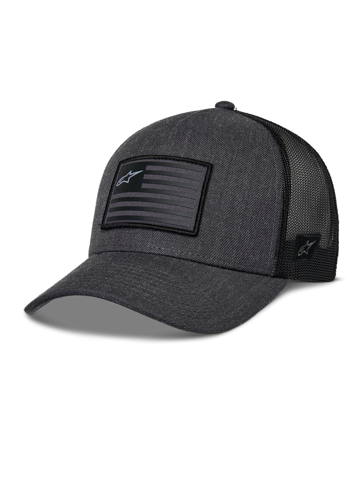 Czapka Alpinestars Flag Snapback, szary melanż i czarny, czapka z daszkiem typu trucker, prostokątna naszywka z motywem flagi i logo gwiazdy, zakrzywiony daszek i oddychający tył z siateczki