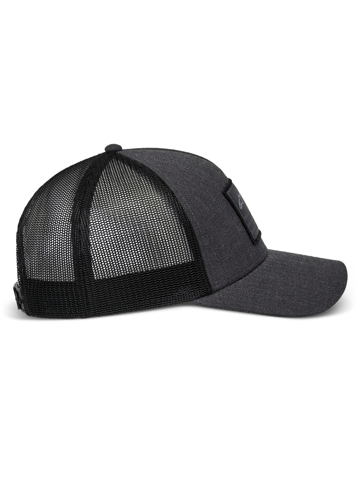Czapka Alpinestars Flag Snapback w kolorze Charcoal Heather Black, widok z profilu prezentujący zakrzywiony daszek, usztywniony przedni panel z tkaniny twill z naszywką oraz oddychający tył z poliestrowej siatki.