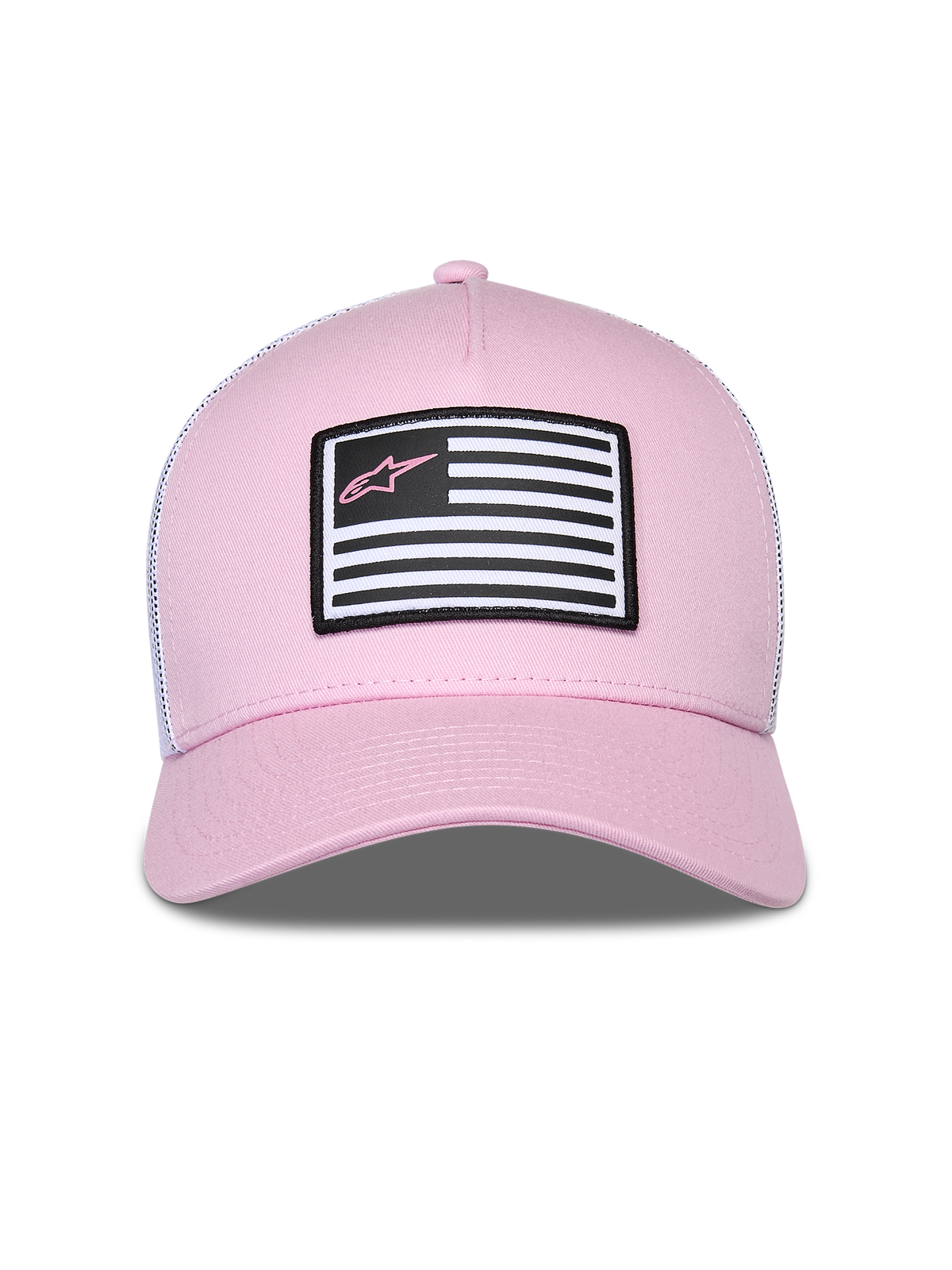 Alpinestars Flag Snapback Hat, różowo-biała czapka z daszkiem, różowy przód z twillu i biały tył z siateczki, zakrzywiony daszek, naszywka z motywem flagi i różowym logo Astars, codzienny streetwear w stylu motorsportowym