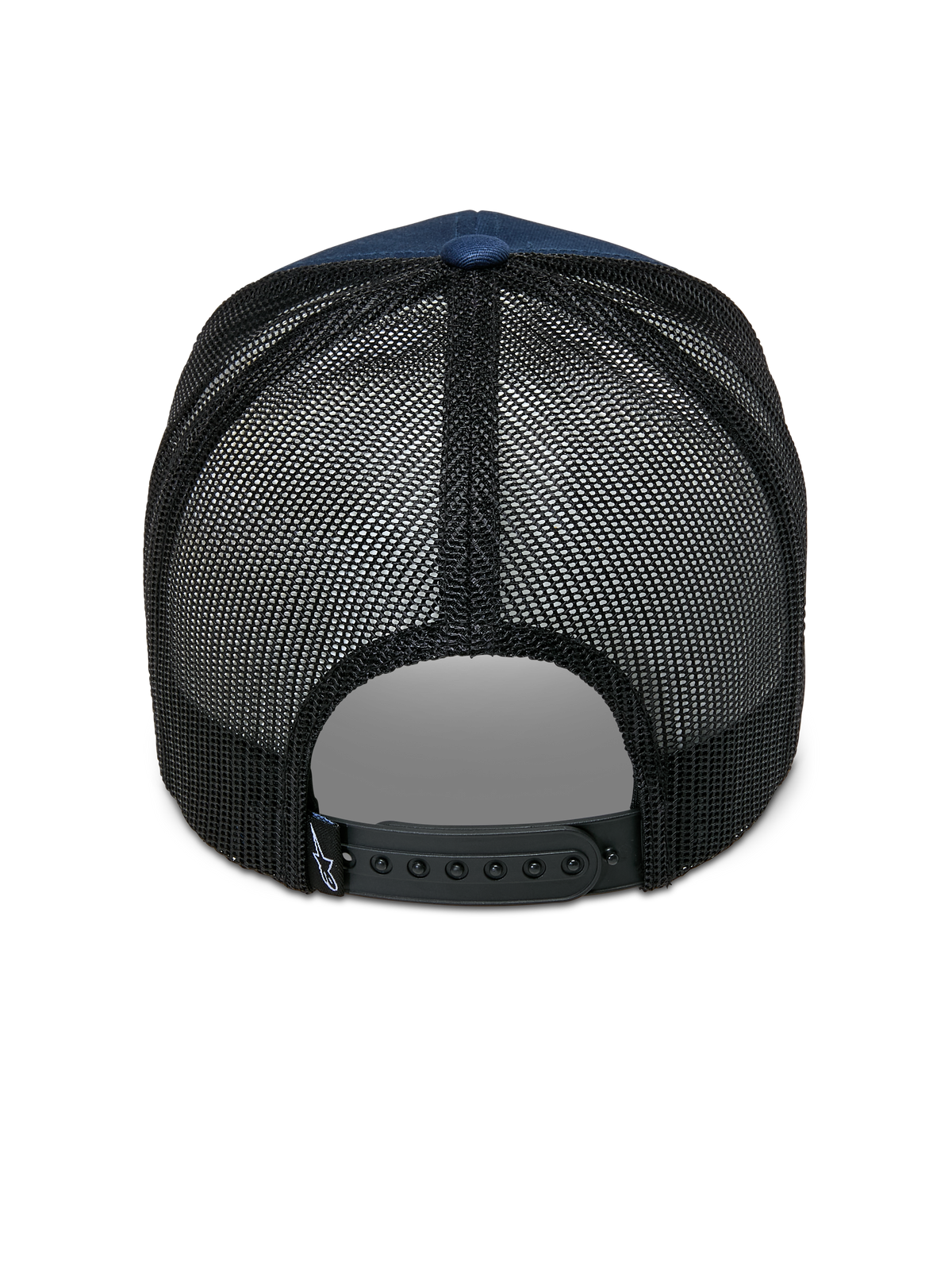 Alpinestars Cali 2.0 Hat, granatowo-czarna, widok z tyłu z oddychającą siatką poliestrową, regulowane czarne zapięcie typu snapback i mała metka z logo, fason typu trucker