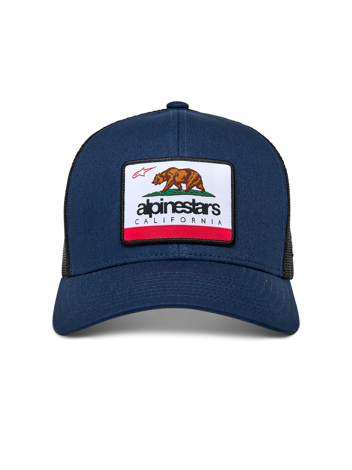 Alpinestars Cali 2.0 Hat, granatowa, tkana naszywka merrow z niedźwiedziem kalifornijskim i brandingiem Alpinestars, zakrzywiony daszek, usztywniona korona z tyłem z poliestrowej siatki, casualowy styl motorsportowy