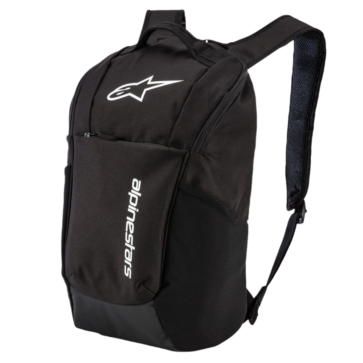Alpinestars Defcon V2 Backpack, czarny, mały plecak na co dzień z białym nadrukowanym logo i pionowym brandingiem, boczne kieszenie z siatki, paski na ramiona z siateczki airmesh, wykonany z wytrzymałego poliestru 600D