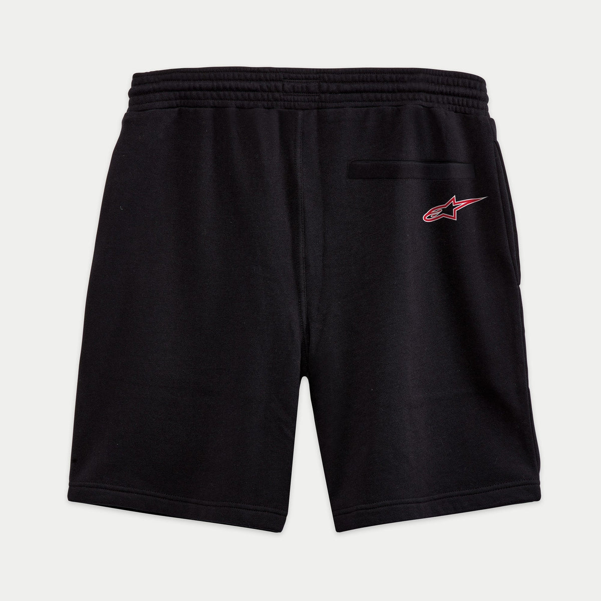 Alpinestars Dunker Short, czarne krótkie spodenki treningowe z polaru, widok z tyłu, czerwono-białe logo Ageless na prawym biodrze, tylna kieszeń i elastyczny pas