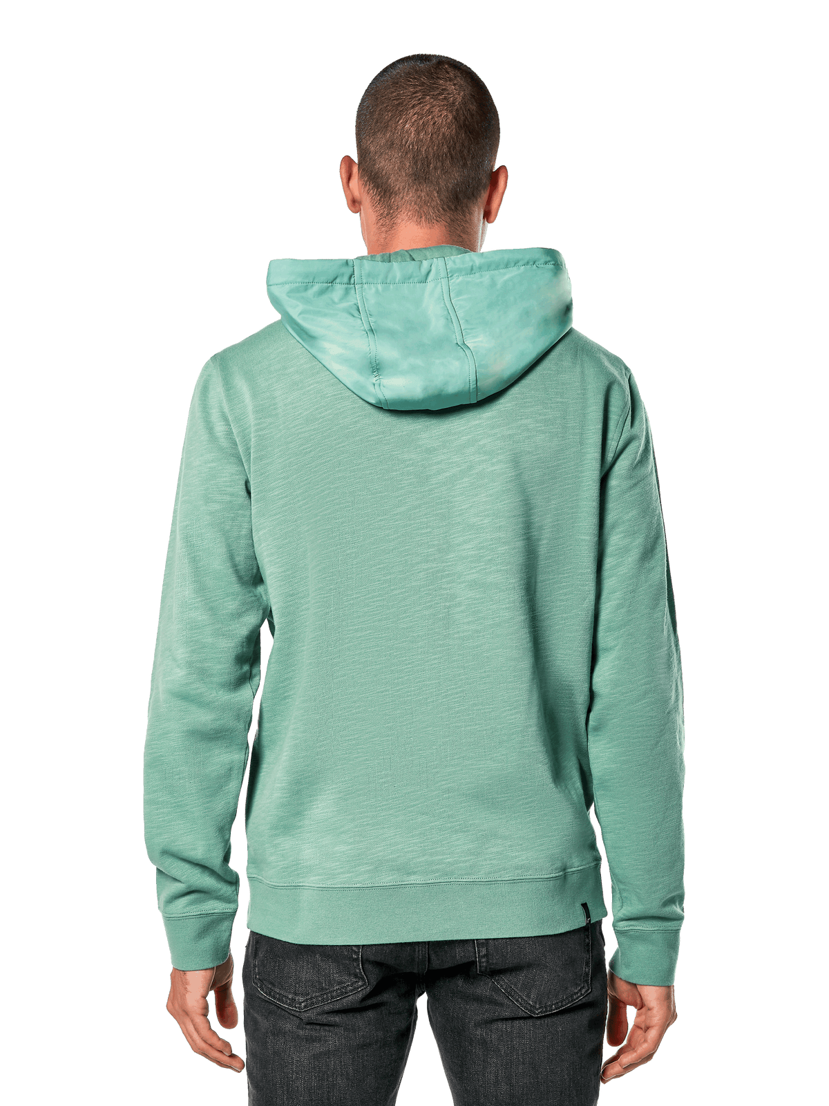 Alpinestars Rooted Hoodie, zielona, widok z tyłu na mężczyznę w casualowej bluzie z kapturem z dzianiny french terry, nakładany kaptur, ściągacze na mankietach i na dole, nowoczesny sportowy design