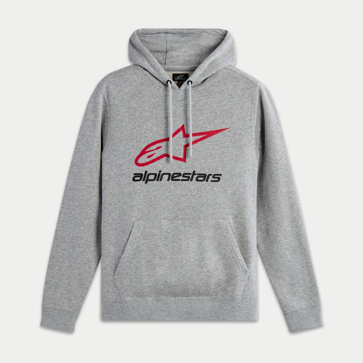 Alpinestars Always V3 Hoodie, szara polarowa bluza z kapturem (Grey Heather), czerwone konturowe logo gwiazdy i czarny napis Alpinestars na piersi, kaptur ze sznurkiem, przednia kieszeń typu kangurka, codzienna odzież uliczna inspirowana motorsportem