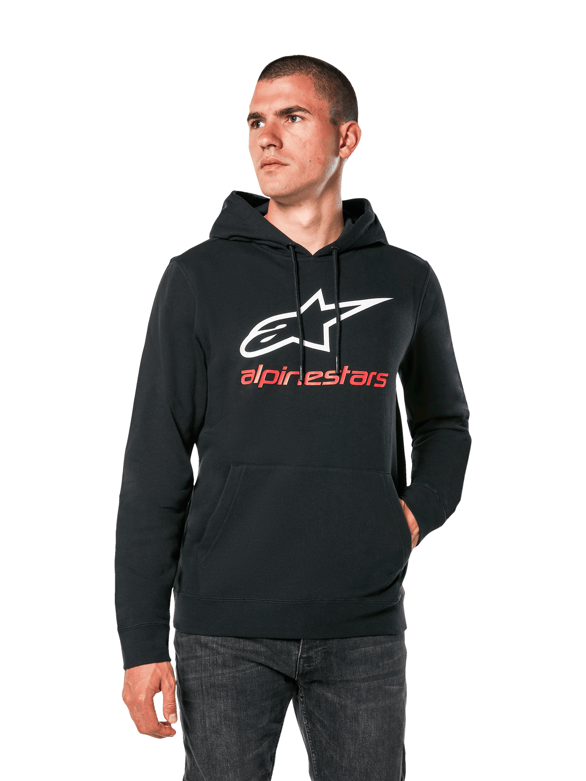 Alpinestars Always V3 Hoodie, czarna bluza casualowa z kapturem, białe logo gwiazdy i czerwony napis alpinestars, fason wkładany przez głowę z przednią kieszenią kangurką, lifestyle'owy streetwear motorsportowy