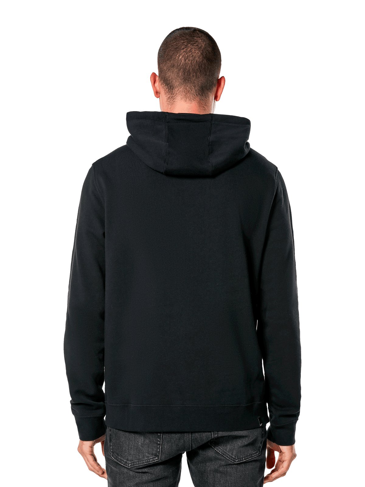 Alpinestars Blaze V3 Hoodie, back view of man wearing black pullover hoodie, ribbed cuffs and hem, jersey-lined hood, casual motorsport-inspired streetwear