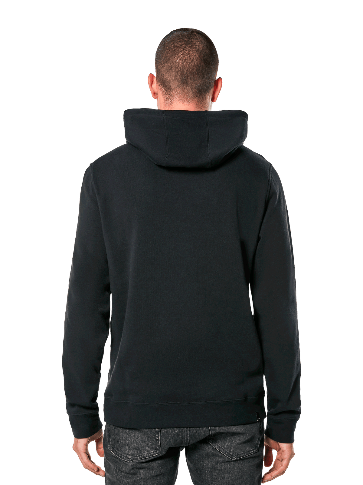 Bluza z kapturem Alpinestars Ride 4.0, widok z tyłu, czarny casualowy streetwear, jednolita polarowa bluza z kapturem, prążkowane mankiety i dół, noszona z ciemnymi jeansami, nowoczesny design inspirowany sportami motorowymi