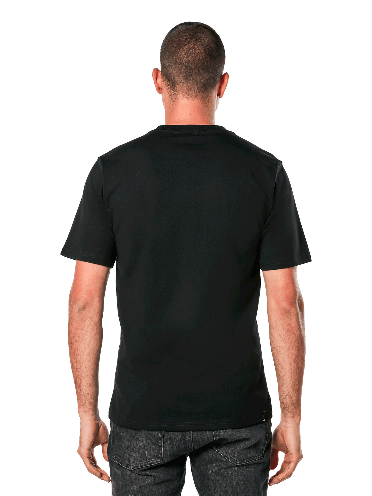 Alpinestars Ageless 2.0 CSF Tee, Short Sleeve T-Shirt, Black, back view on model, plain design with cut and sew fit, casual motorsport-inspired sportswear