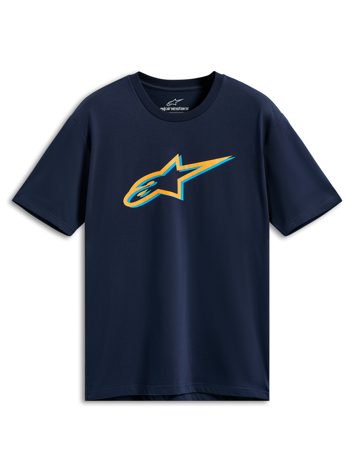 Alpinestars Ageless Shadow CSF Tee, Short Sleeve T-Shirt, Navy Blue, Orange and Light Blue Ageless Shadow Logo on chest, Casual Sportswear