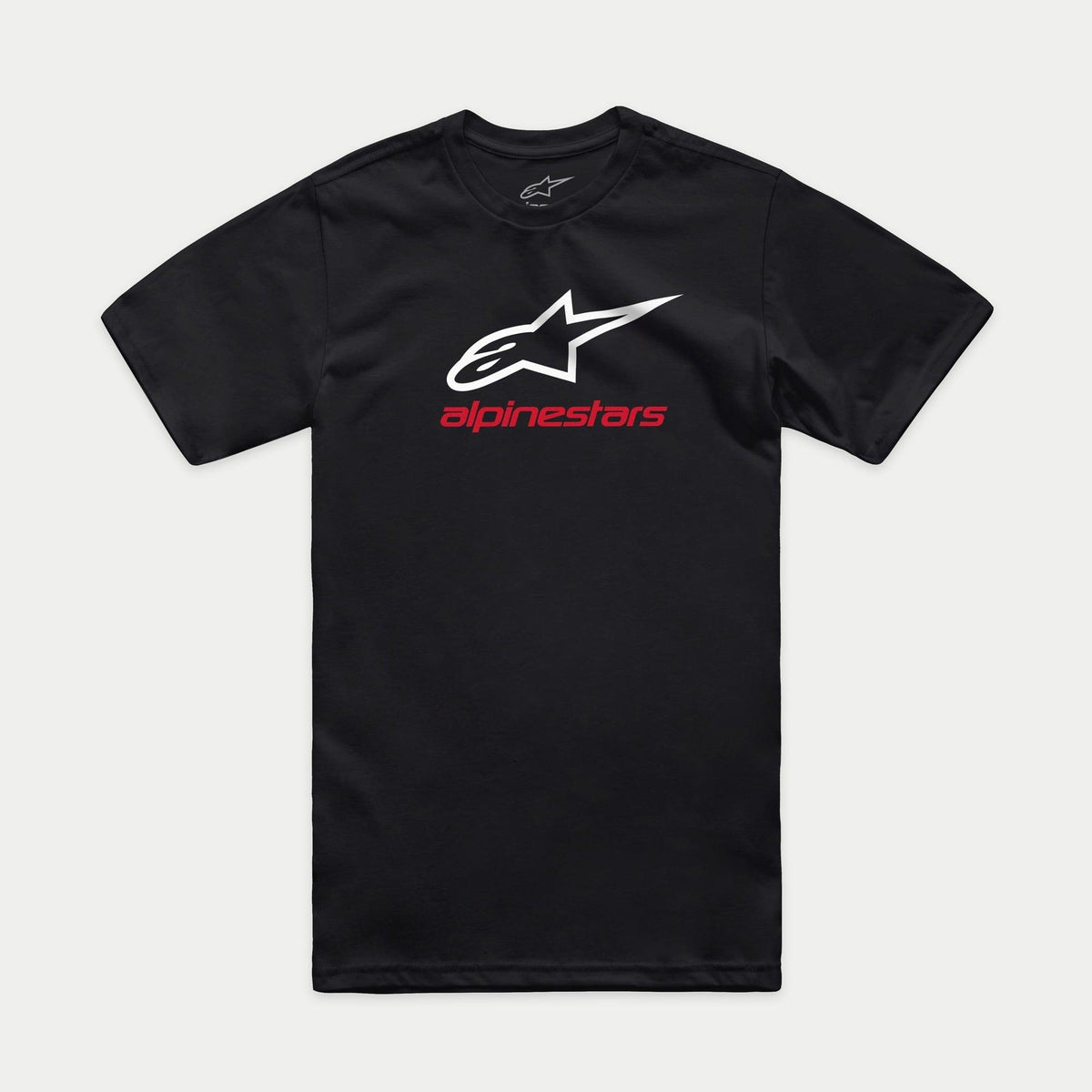 Alpinestars Always 2.0 CSF Tee, koszulka z krótkim rękawem, czarna, białe logo gwiazdy z czerwonym napisem Alpinestars, codzienna odzież streetwear w stylu motorsport