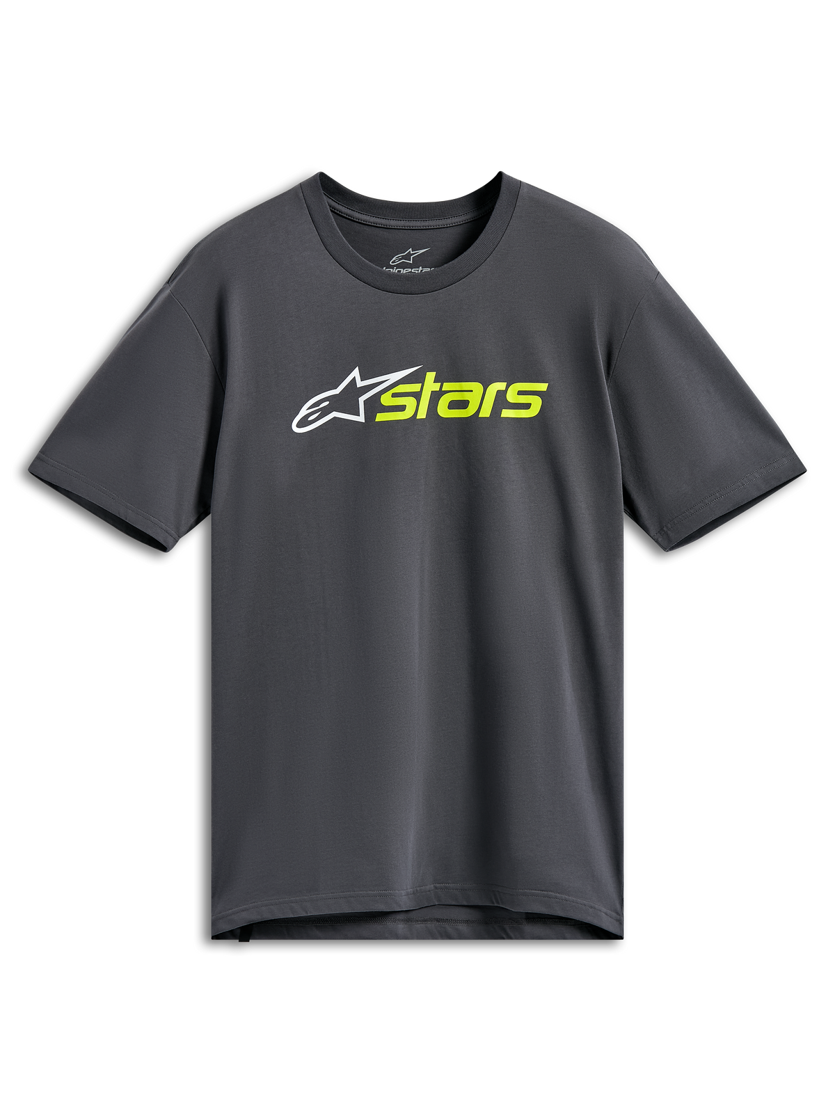 Alpinestars Blaze 2.0 CSF Tee, Short Sleeve T-Shirt, Charcoal Gray, White Star Logo with Hi-Vis Yellow Stars Text, Casual Motorsport Streetwear