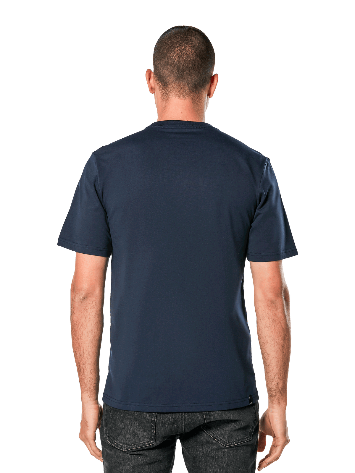 Alpinestars Blaze 2.0 CSF Tee, granatowa koszulka z krótkim rękawem, widok z tyłu na modelu, casualowa odzież uliczna inspirowana sportami motorowymi