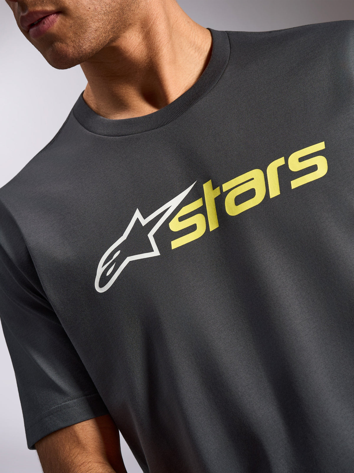 Alpinestars Blaze 2.0 CSF Tee, Short Sleeve T-Shirt, Charcoal Gray with White and Hi-Vis Yellow Front Logo Graphic, Casual Motorsport Sportswear
