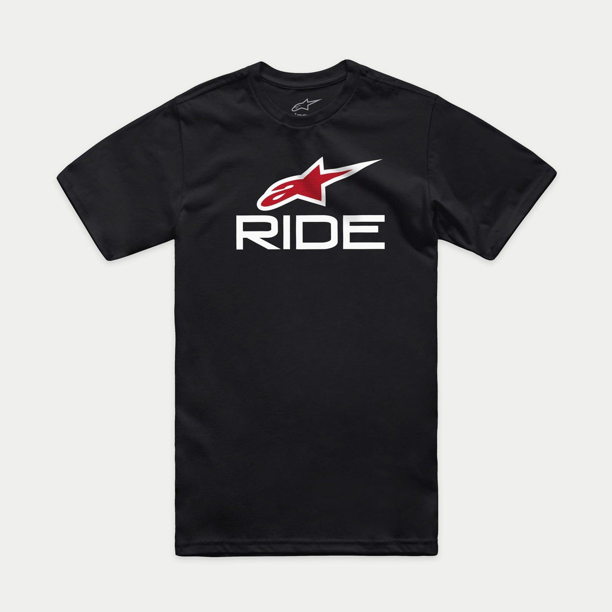 Alpinestars Ride 4.0 CSF Tee, t-shirt z krótkim rękawem, czarny, czerwone logo Alpinestars i biały napis RIDE, casualowa odzież w stylu motorsport