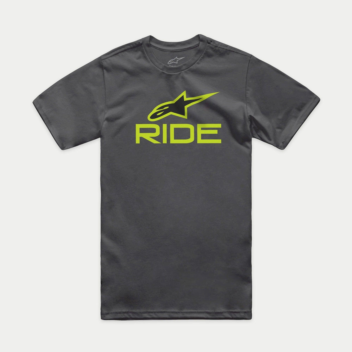Alpinestars Ride 4.0 CSF Tee, grafitowy t-shirt z krótkim rękawem, limonkowo-zielone i czarne logo Alpinestars z napisem RIDE, codzienna odzież sportowa w stylu motorsport