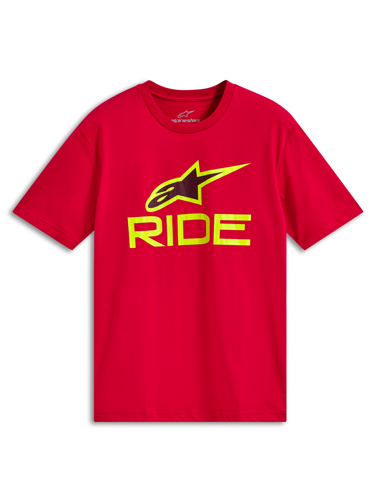 Alpinestars Ride 4.0 CSF Tee, koszulka z krótkim rękawem, czerwona, żółty neonowy napis RIDE i logo A-star, codzienna odzież sportowa typu motorsport