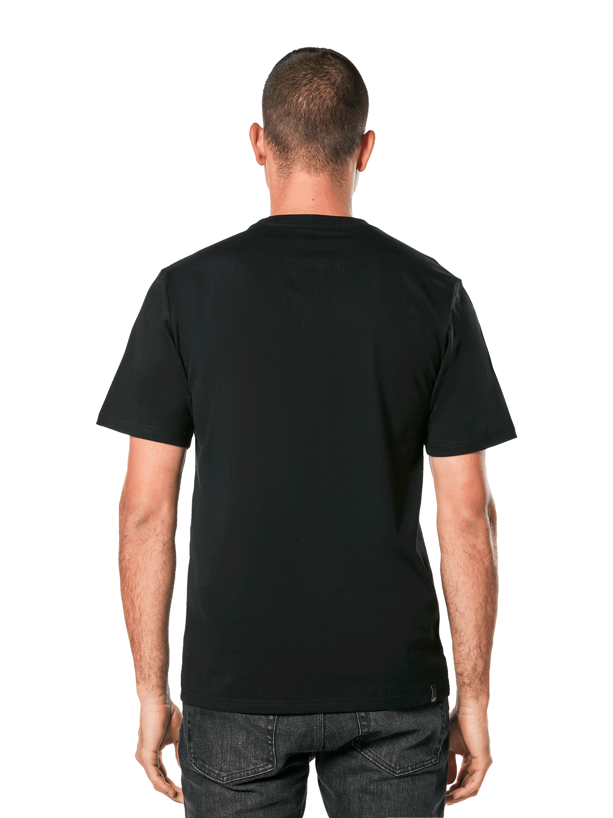 Koszulka Alpinestars MX Helmet CSF Tee, t-shirt z krótkim rękawem, czarny, widok z tyłu na modelu, casualowa odzież motorsportowa streetwear