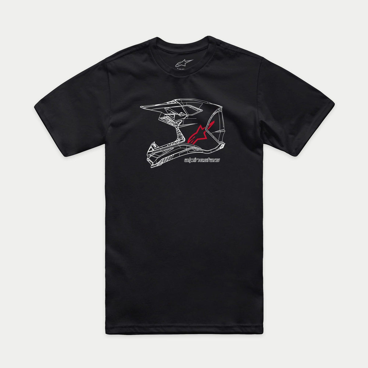 Alpinestars MX Helmet CSF Tee, czarna koszulka z krótkim rękawem, biała grafika kasku MX typu wireframe z czerwonym logo Alpinestars i napisem, odzież codzienna w stylu motorsportowym