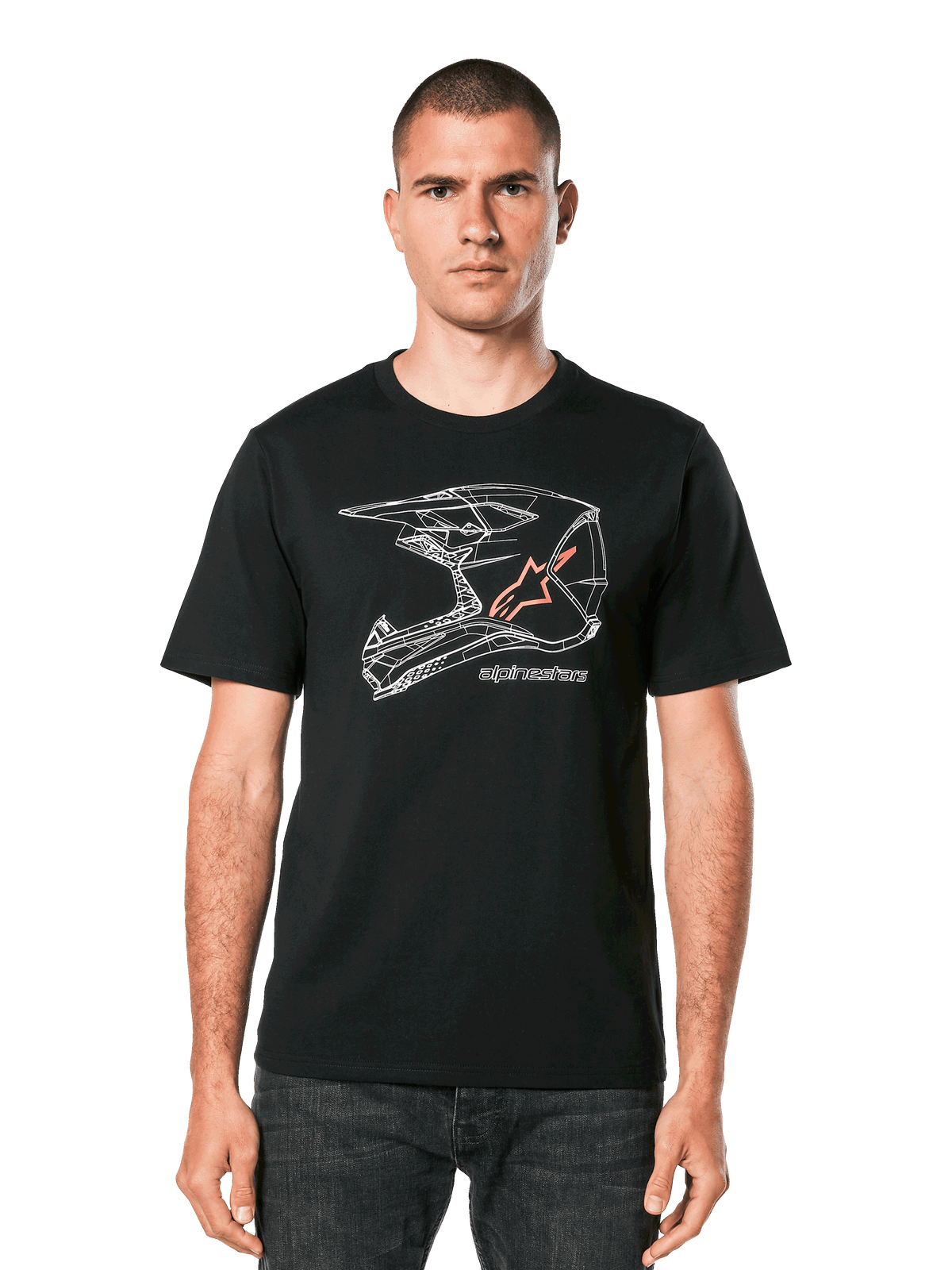 Alpinestars MX Helmet CSF Tee, czarna koszulka z krótkim rękawem, biała geometryczna grafika kasku motocrossowego z pomarańczowym logo gwiazdy, casualowy motorsportowy streetwear