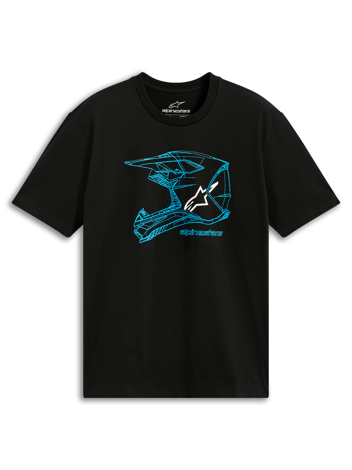 Alpinestars CSF Tee, koszulka z krótkim rękawem, czarno-niebieska, niebieska grafika z konturem kasku MX i białym logo, codzienna odzież sportowa motorsport