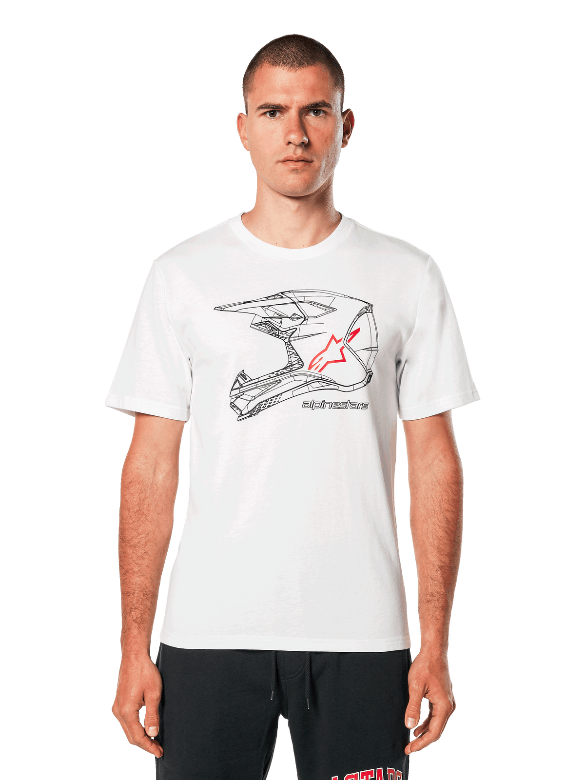 Alpinestars MX Helmet CSF Tee, White Short Sleeve T-Shirt, black wireframe motocross helmet graphic with red star logo, casual motorsport-inspired streetwear, worn by a model