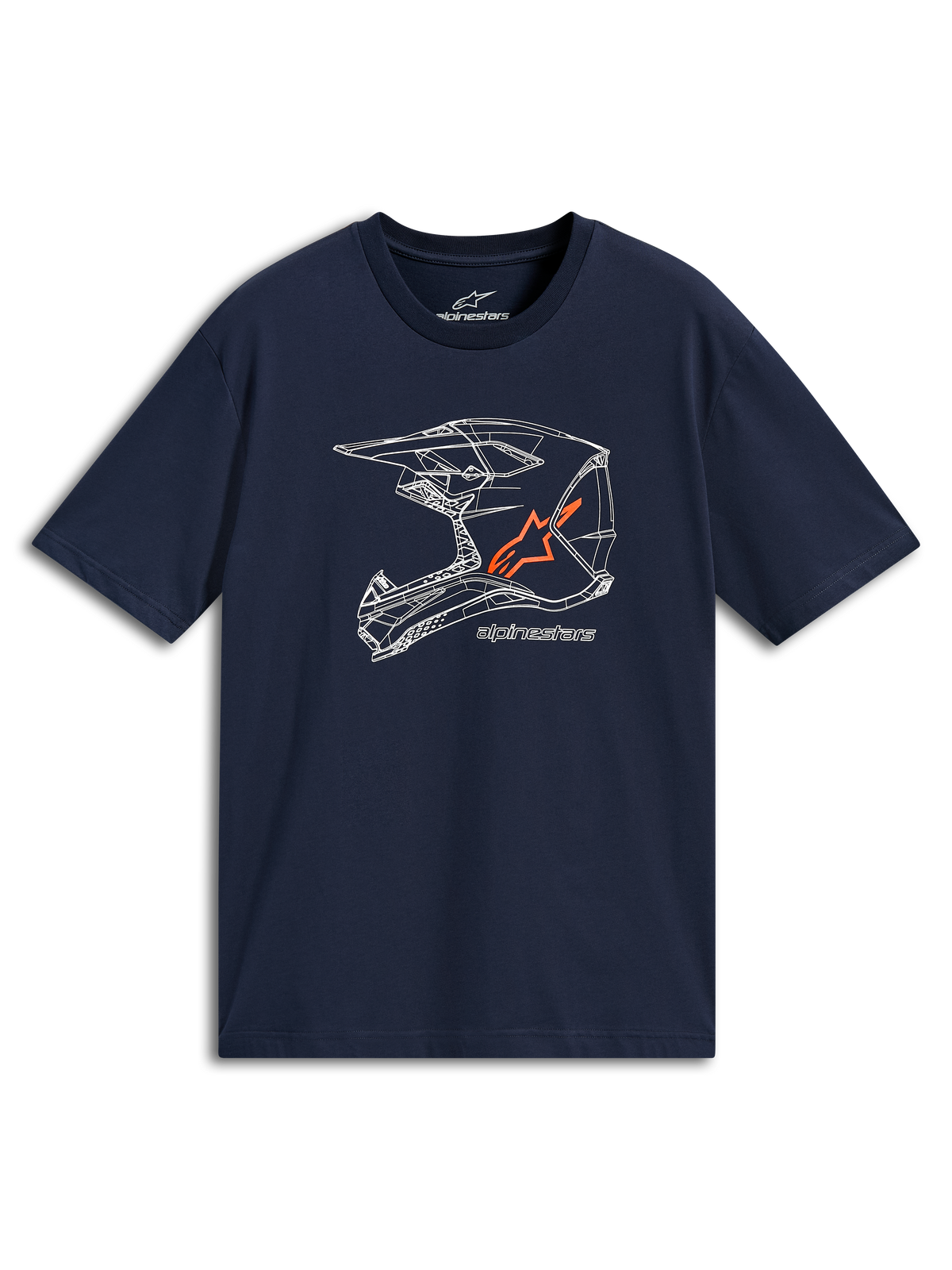 Alpinestars MX Helmet CSF Tee, granatowa koszulka z krótkim rękawem, biała grafika liniowa kasku motocrossowego z pomarańczowym logo, codzienna odzież sportowa