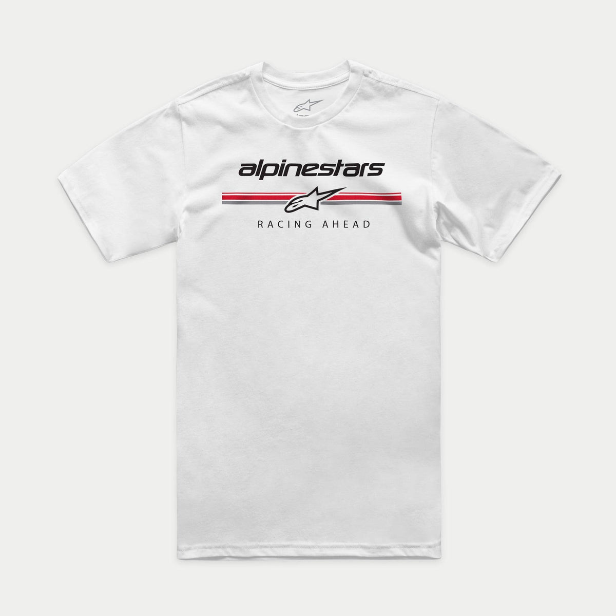 Alpinestars Betteryet CSF Tee, Short Sleeve T-Shirt, White, Front chest paddock-style logo with red and grey stripes and Racing Ahead text, Casual Motorsport Sportswear