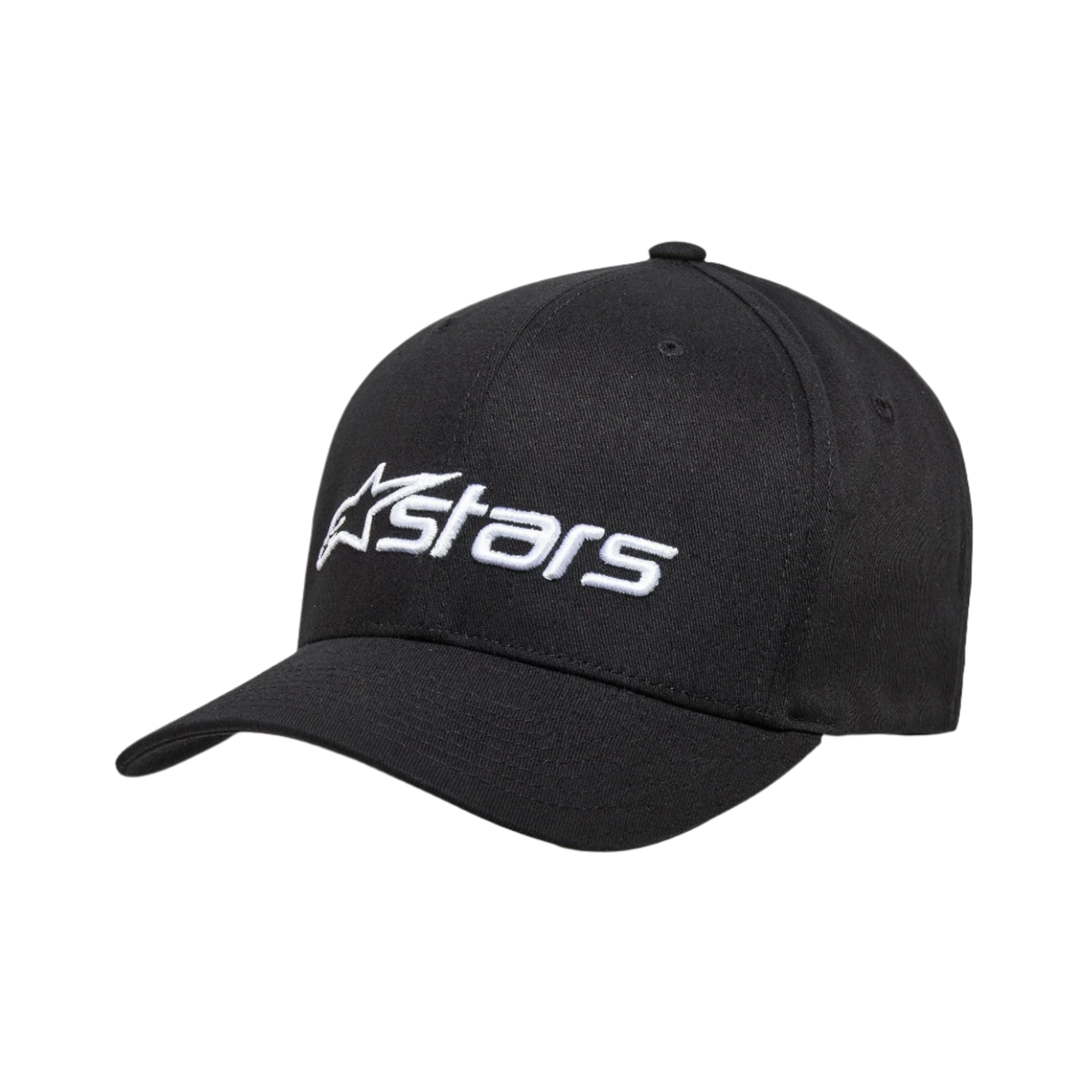 Alpinestars Blaze 2.0 Hat, ustrukturyzowana czapka z daszkiem, czarna, białe haftowane logo z przodu, zakrzywiony daszek, elastyczna tkanina twill, codzienne nakrycie głowy w stylu motorsportowym